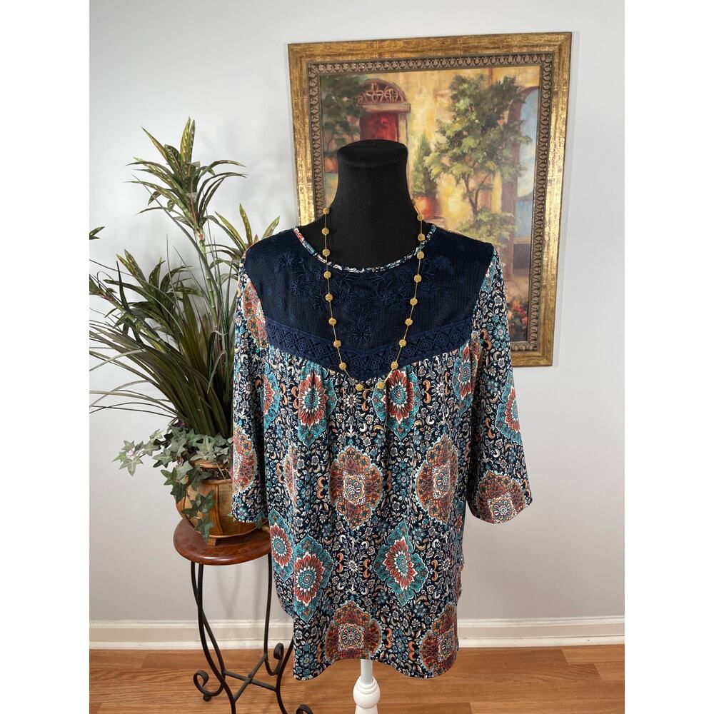 New Directions Peasant Blouse Womens‎ PXL Blue Paisley 3/4 Sleeve Whimsigoth